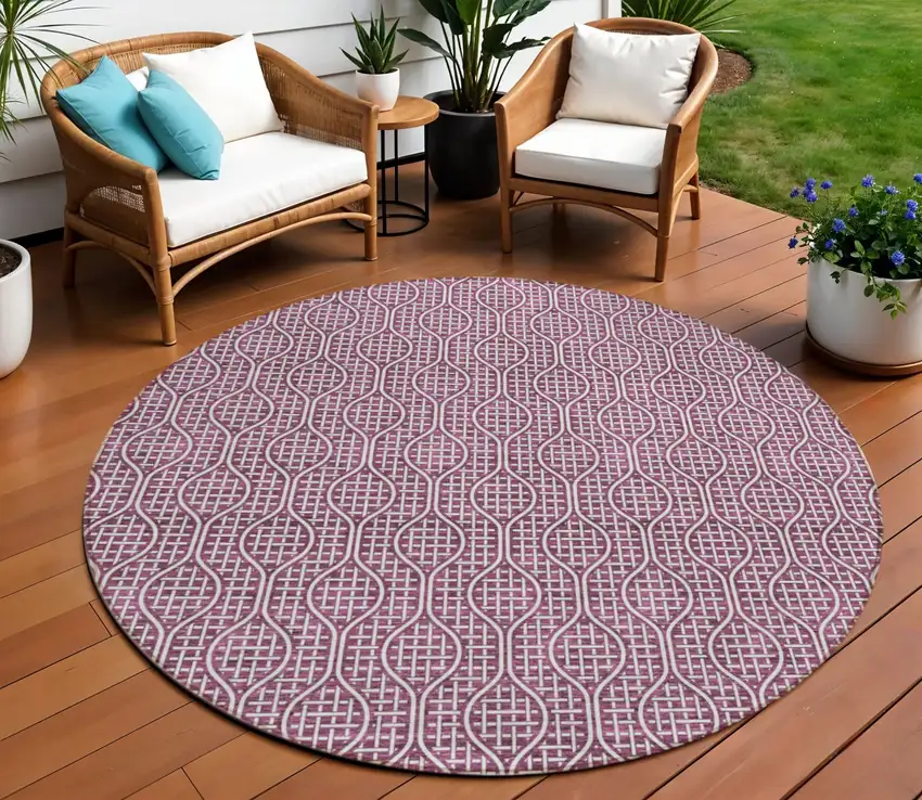 8' Eggplant And Ivory Round Geometric Washable Indoor Outdoor Area Rug Photo 1