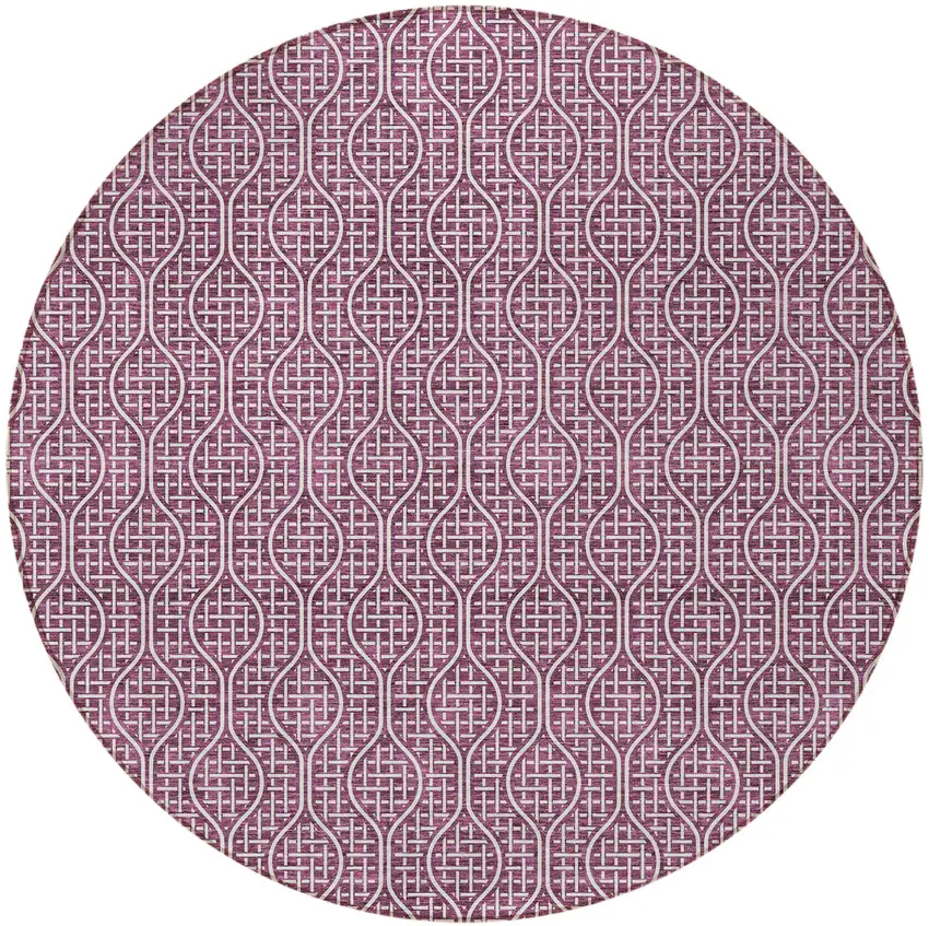 8' Eggplant And Ivory Round Geometric Washable Indoor Outdoor Area Rug Photo 6