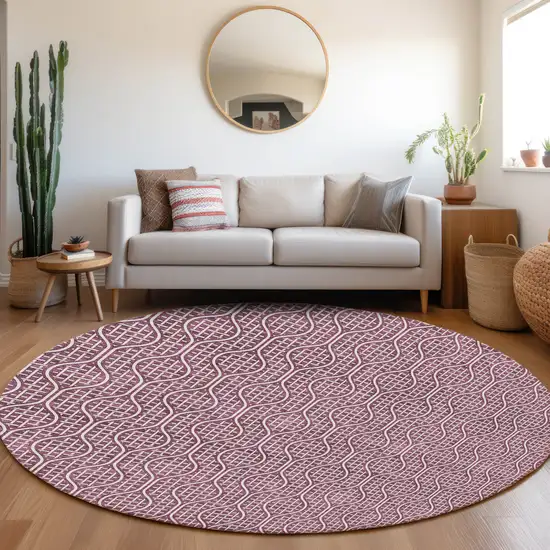 8' Eggplant And Ivory Round Geometric Washable Indoor Outdoor Area Rug Photo 8