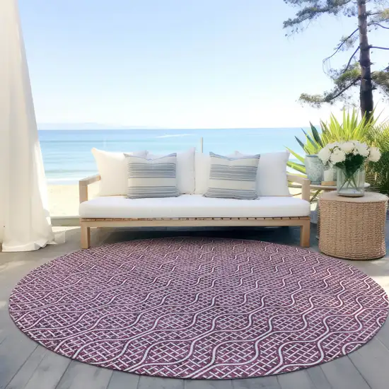 8' Eggplant And Ivory Round Geometric Washable Indoor Outdoor Area Rug Photo 7