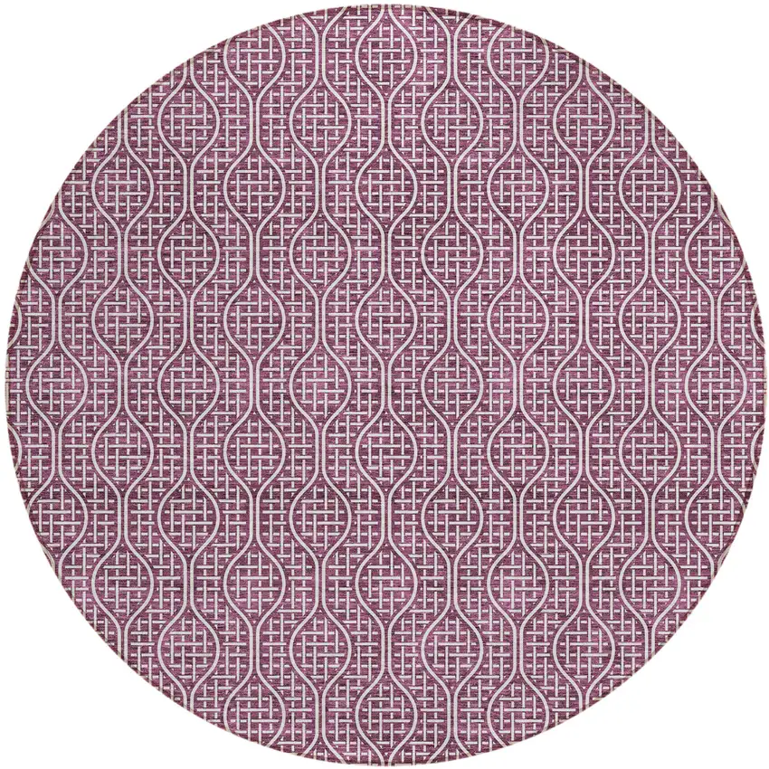 8' Eggplant And Ivory Round Geometric Washable Indoor Outdoor Area Rug Photo 2