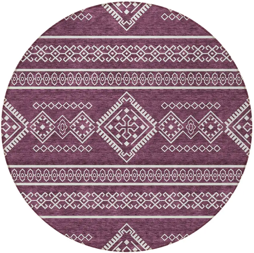 8' Eggplant And Ivory Round Southwestern Washable Indoor Outdoor Area Rug Photo 6