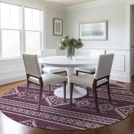 8' Eggplant And Ivory Round Southwestern Washable Indoor Outdoor Area Rug Photo 8