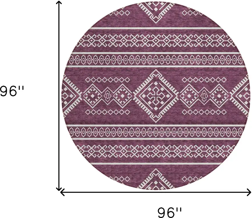 8' Eggplant And Ivory Round Southwestern Washable Indoor Outdoor Area Rug Photo 3