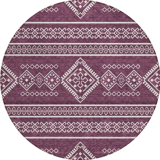 8' Eggplant And Ivory Round Southwestern Washable Indoor Outdoor Area Rug Photo 5