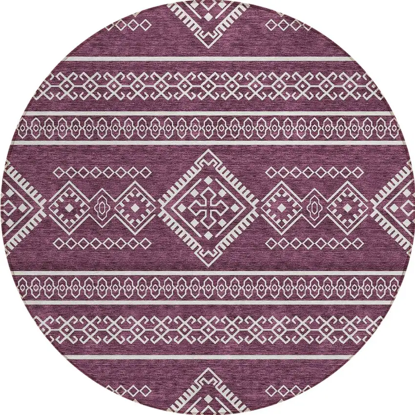8' Eggplant And Ivory Round Southwestern Washable Indoor Outdoor Area Rug Photo 5