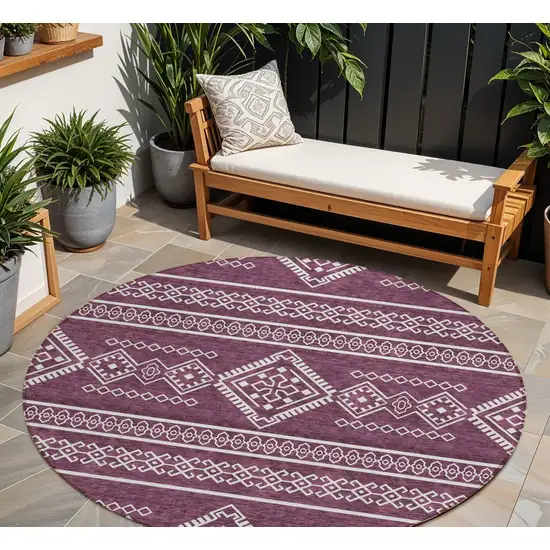 8' Eggplant And Ivory Round Southwestern Washable Indoor Outdoor Area Rug Photo 1