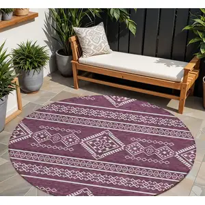 Photo of 8' Eggplant And Ivory Round Southwestern Washable Indoor Outdoor Area Rug