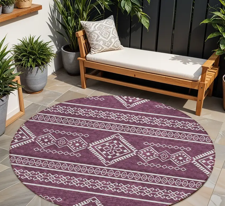 8' Eggplant And Ivory Round Southwestern Washable Indoor Outdoor Area Rug Photo 1