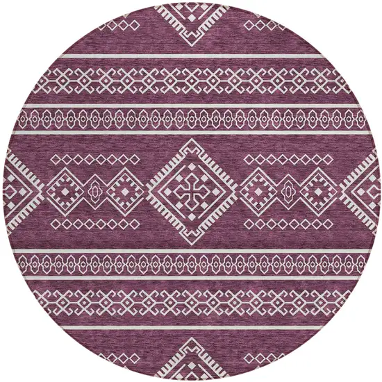 8' Eggplant And Ivory Round Southwestern Washable Indoor Outdoor Area Rug Photo 2