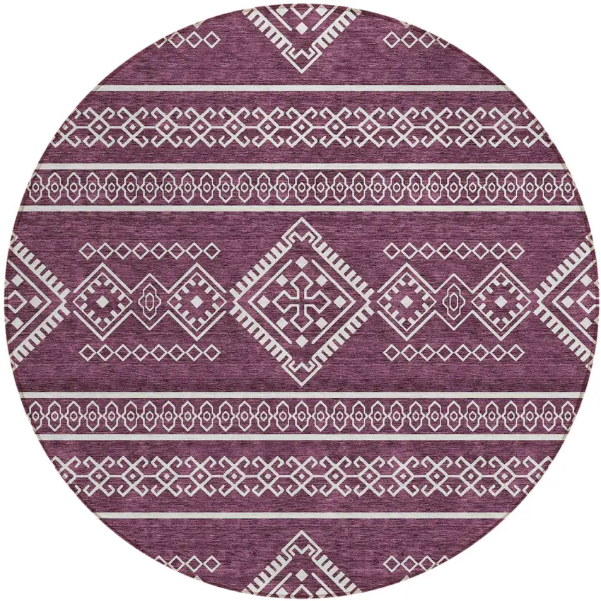 8' Eggplant And Ivory Round Southwestern Washable Indoor Outdoor Area Rug Photo 2