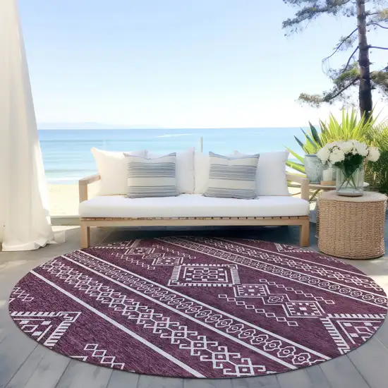 8' Eggplant And Ivory Round Southwestern Washable Indoor Outdoor Area Rug Photo 7
