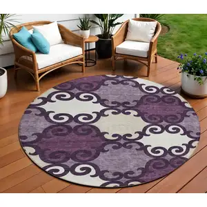 Photo of 8' Eggplant And Ivory Round Trellis Washable Indoor Outdoor Area Rug
