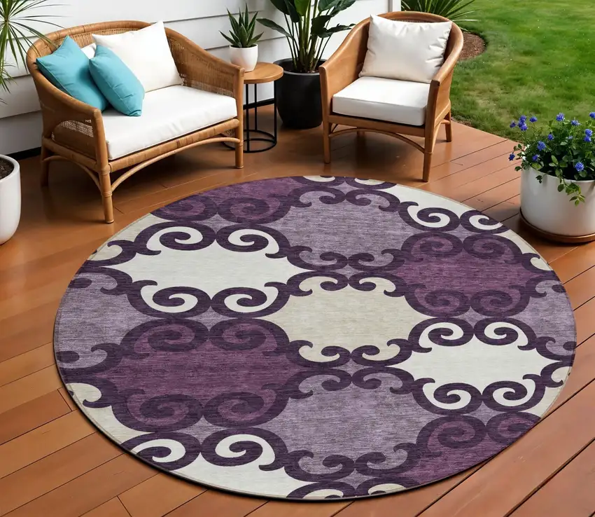 8' Eggplant And Ivory Round Trellis Washable Indoor Outdoor Area Rug Photo 1