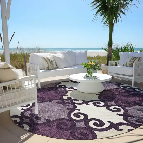 8' Eggplant And Ivory Round Trellis Washable Indoor Outdoor Area Rug Photo 6