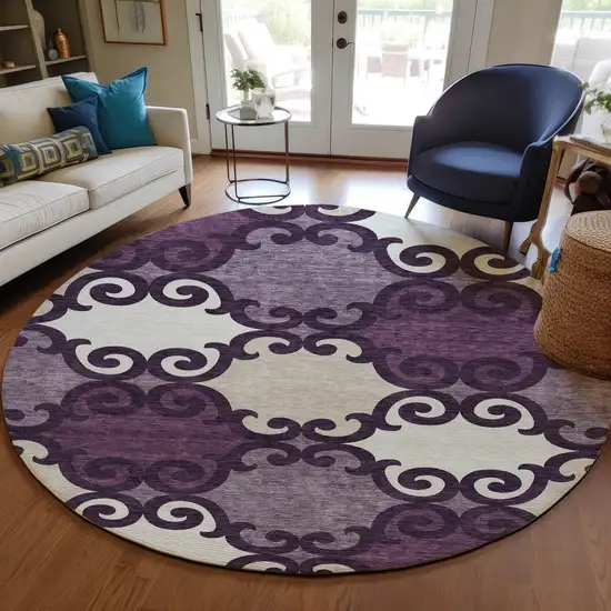 8' Eggplant And Ivory Round Trellis Washable Indoor Outdoor Area Rug Photo 7