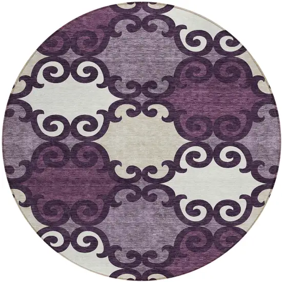 8' Eggplant And Ivory Round Trellis Washable Indoor Outdoor Area Rug Photo 2