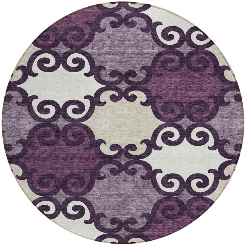 8' Eggplant And Ivory Round Trellis Washable Indoor Outdoor Area Rug Photo 2
