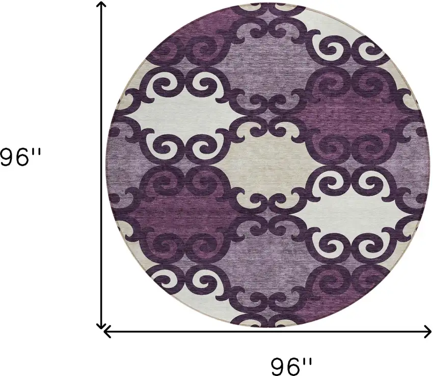 8' Eggplant And Ivory Round Trellis Washable Indoor Outdoor Area Rug Photo 3