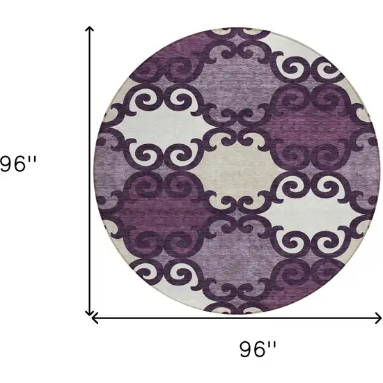 8' Eggplant And Ivory Round Trellis Washable Indoor Outdoor Area Rug Photo 3