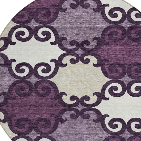 8' Eggplant And Ivory Round Trellis Washable Indoor Outdoor Area Rug Photo 4