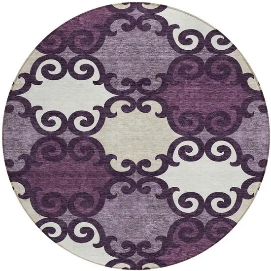 8' Eggplant And Ivory Round Trellis Washable Indoor Outdoor Area Rug Photo 5