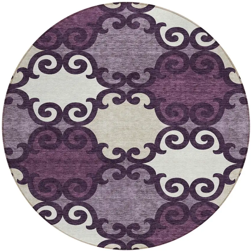 8' Eggplant And Ivory Round Trellis Washable Indoor Outdoor Area Rug Photo 5