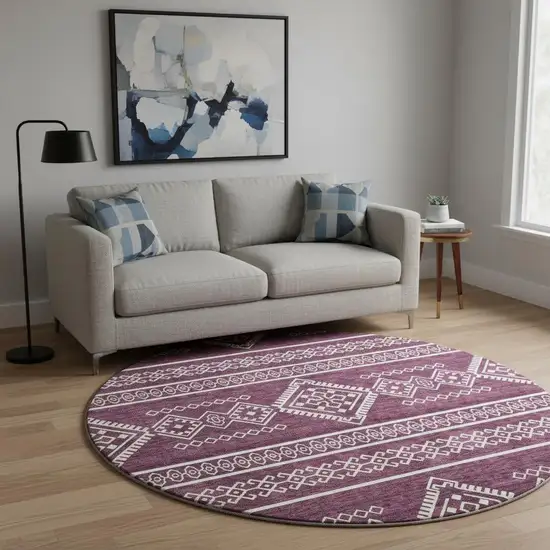 8' Eggplant And Ivory Southwestern Washable Round Rug With UV Protection Photo 2