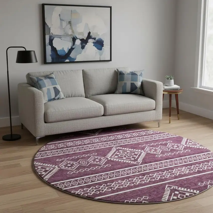 8' Eggplant And Ivory Southwestern Washable Round Rug With UV Protection Photo 2