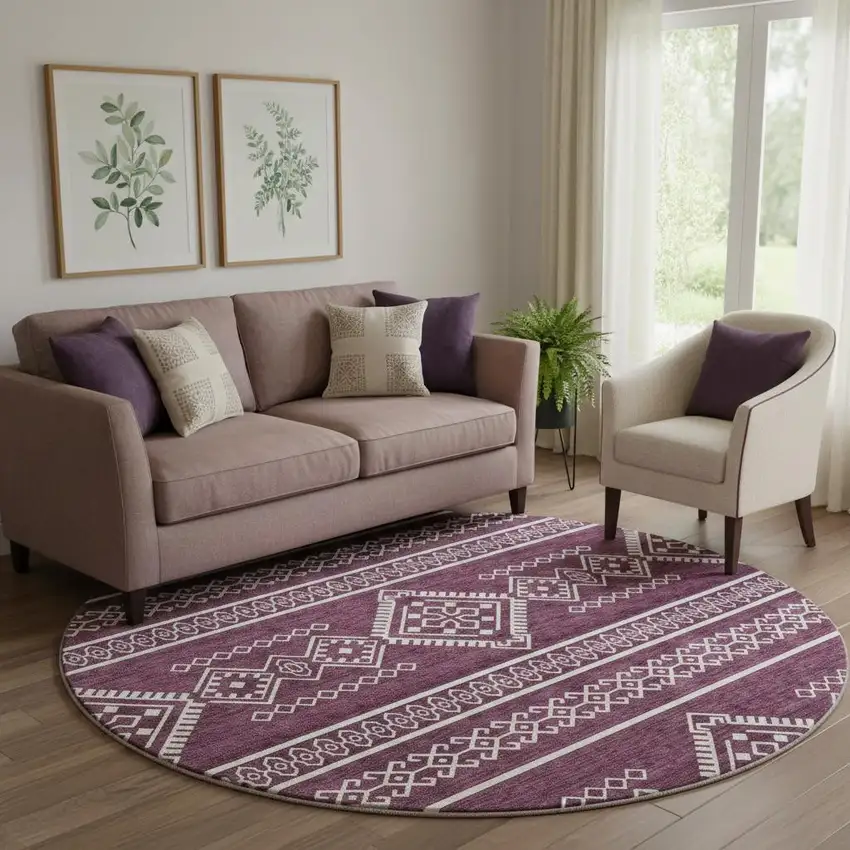 8' Eggplant And Ivory Southwestern Washable Round Rug With UV Protection Photo 1