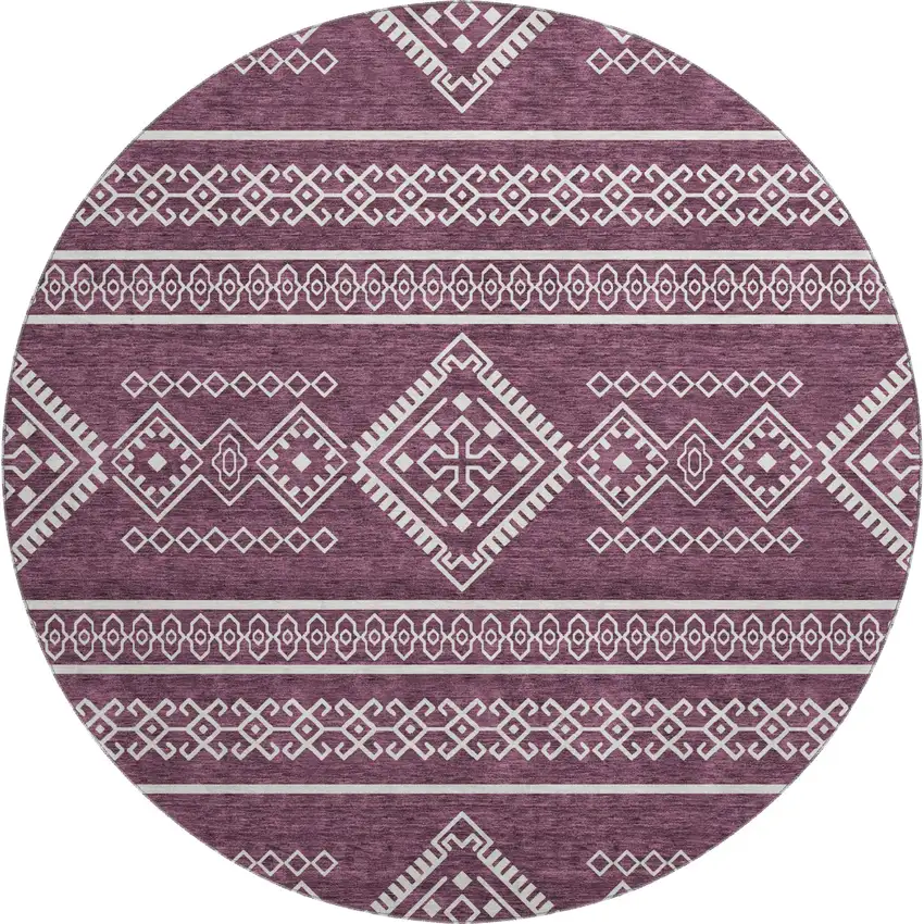 8' Eggplant And Ivory Southwestern Washable Round Rug With UV Protection Photo 1