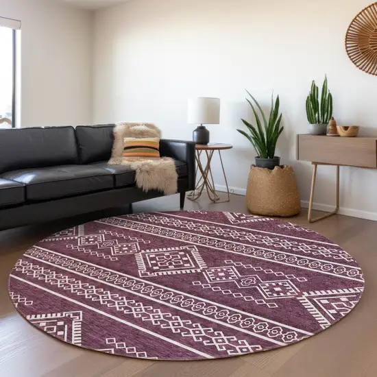 8' Eggplant And Ivory Southwestern Washable Round Rug With UV Protection Photo 5