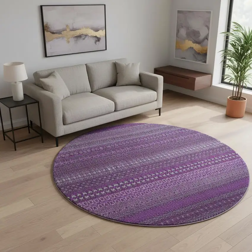 8' Eggplant And Ivory Striped Washable Round Rug With UV Protection Photo 2