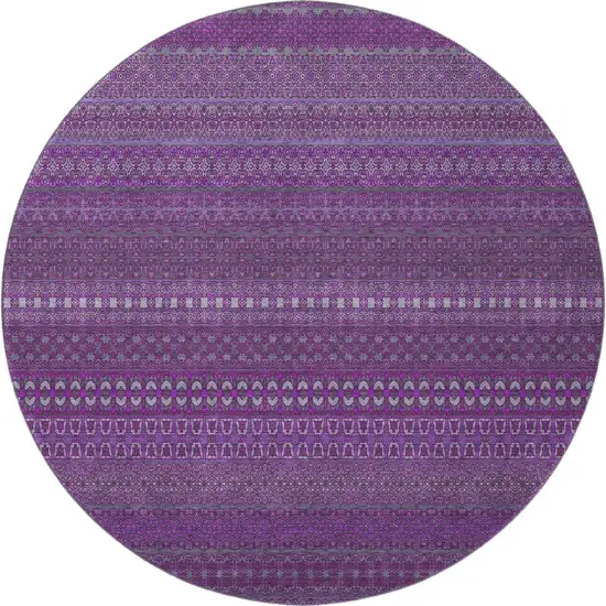 8' Eggplant And Ivory Striped Washable Round Rug With UV Protection Photo 4