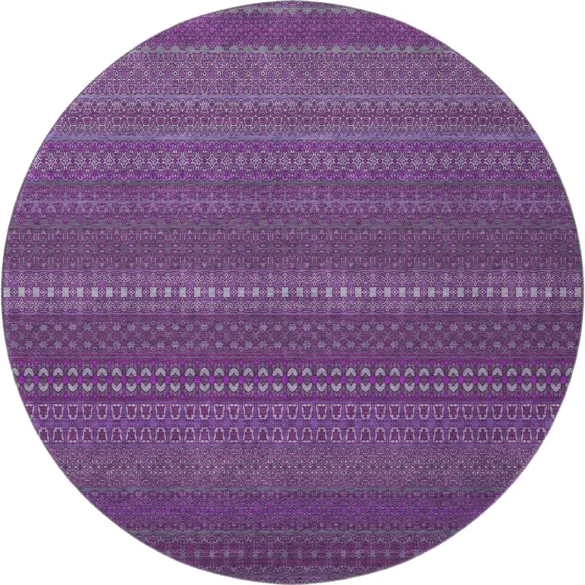 8' Eggplant And Ivory Striped Washable Round Rug With UV Protection Photo 4