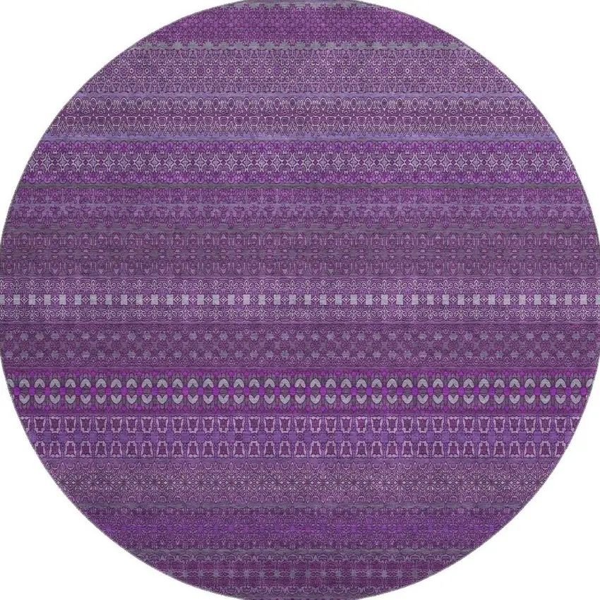 8' Eggplant And Ivory Striped Washable Round Rug With UV Protection Photo 3