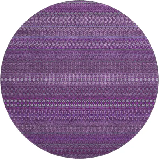 8' Eggplant And Ivory Striped Washable Round Rug With UV Protection Photo 1