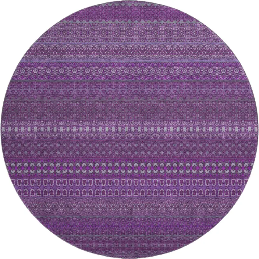 8' Eggplant And Ivory Striped Washable Round Rug With UV Protection Photo 1