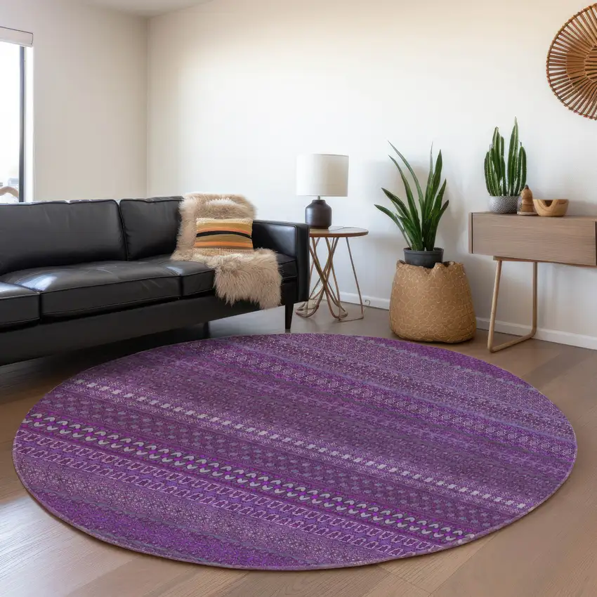 8' Eggplant And Ivory Striped Washable Round Rug With UV Protection Photo 5