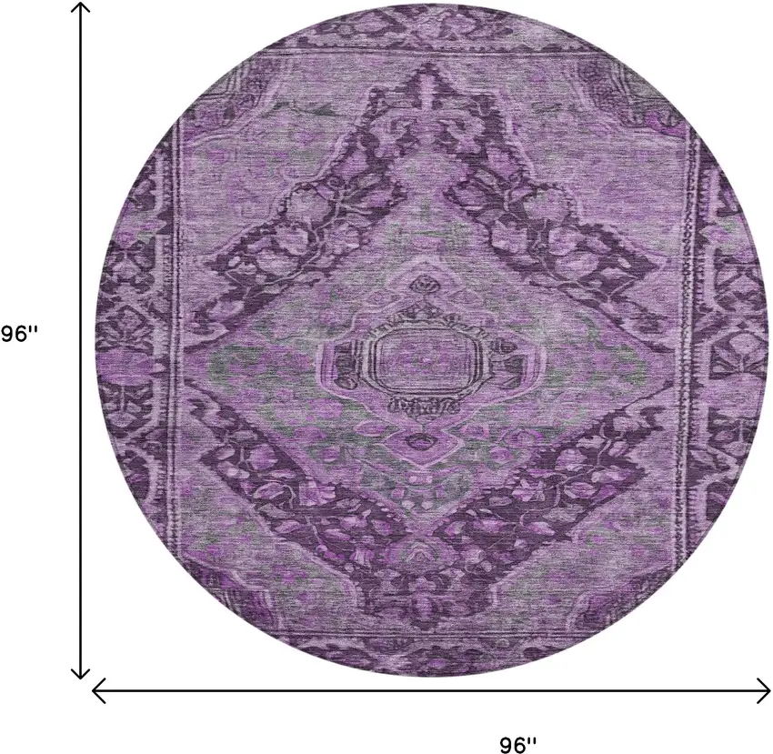 8' Eggplant And Lavender Round Medallion Washable Indoor Outdoor Area Rug Photo 8