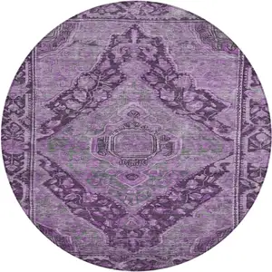 Photo of 8' Eggplant And Lavender Round Medallion Washable Indoor Outdoor Area Rug