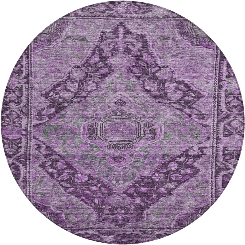 8' Eggplant And Lavender Round Medallion Washable Indoor Outdoor Area Rug Photo 1