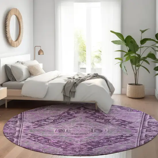 8' Eggplant And Lavender Round Medallion Washable Indoor Outdoor Area Rug Photo 6