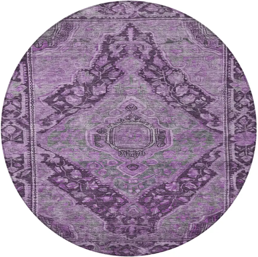 8' Eggplant And Lavender Round Medallion Washable Indoor Outdoor Area Rug Photo 4