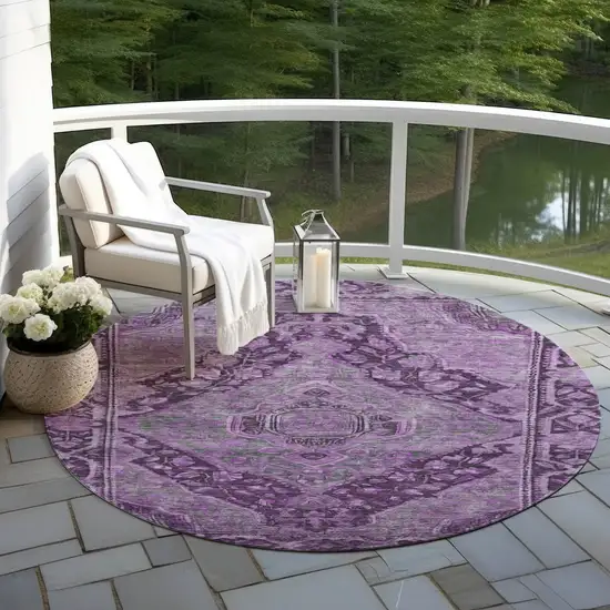 8' Eggplant And Lavender Round Medallion Washable Indoor Outdoor Area Rug Photo 5