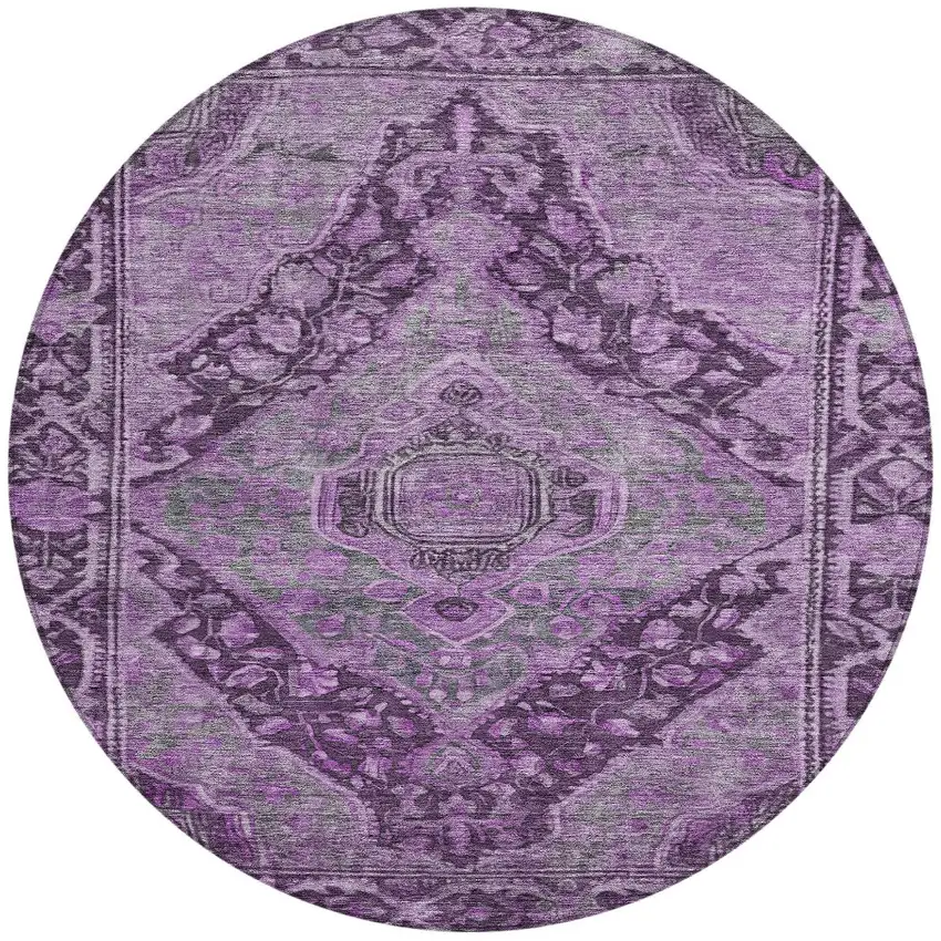 8' Eggplant And Lavender Round Medallion Washable Indoor Outdoor Area Rug Photo 3
