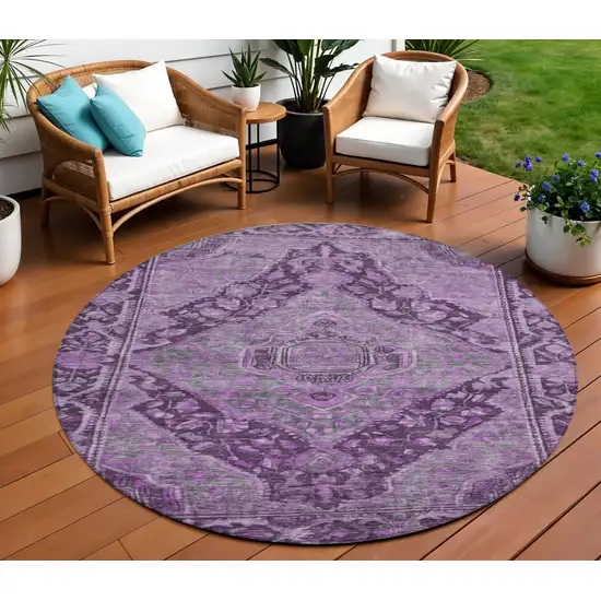 8' Eggplant And Lavender Round Medallion Washable Indoor Outdoor Area Rug Photo 2
