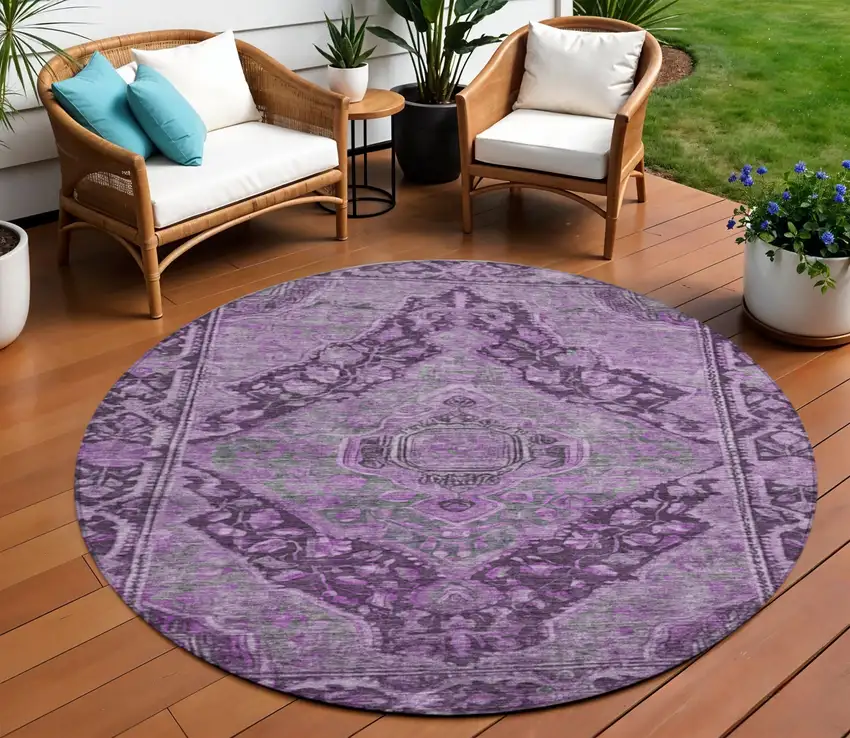 8' Eggplant And Lavender Round Medallion Washable Indoor Outdoor Area Rug Photo 2