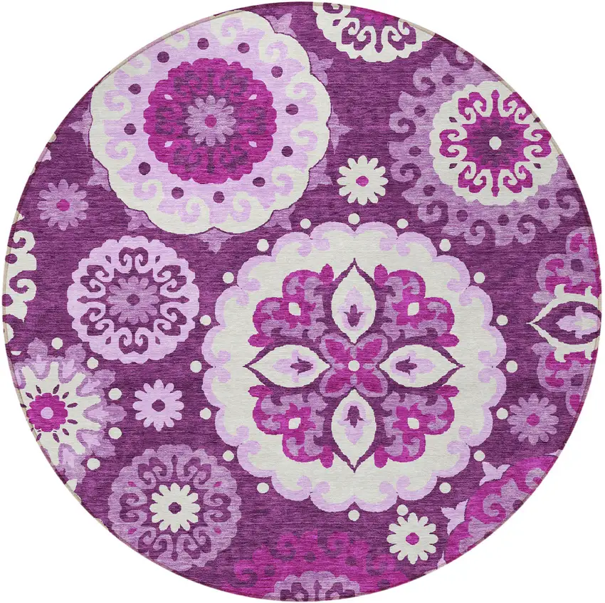 8' Eggplant And Mauve Round Floral Medallion Washable Indoor Outdoor Area Rug Photo 6