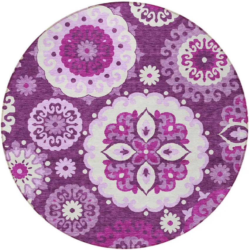 8' Eggplant And Mauve Round Floral Medallion Washable Indoor Outdoor Area Rug Photo 6